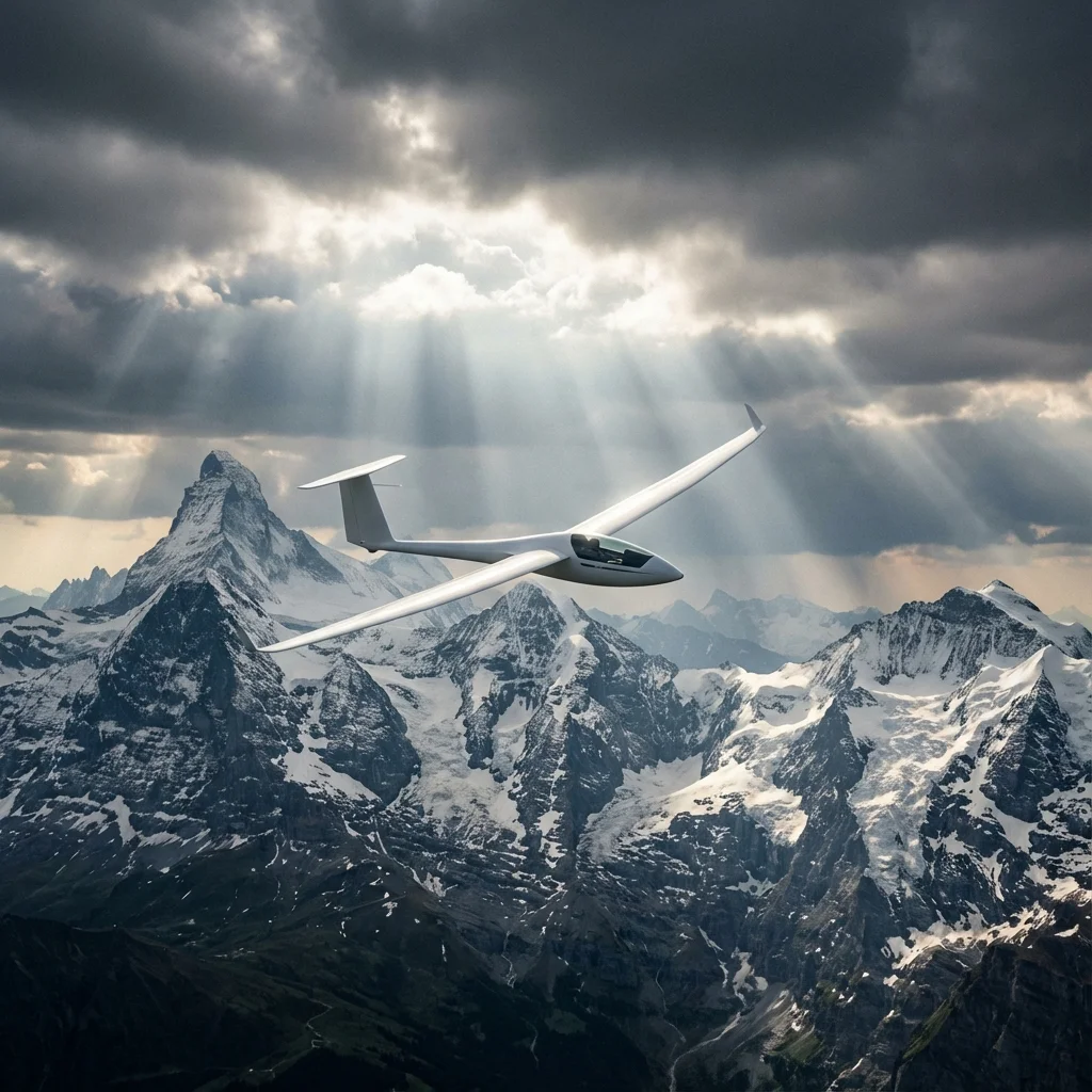 Glider flying over Swiss mountains